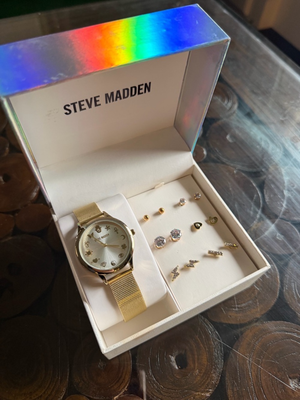 Steve Madden Lucky Symbols Gold-Tone Mesh Strap Watch and Earring Set